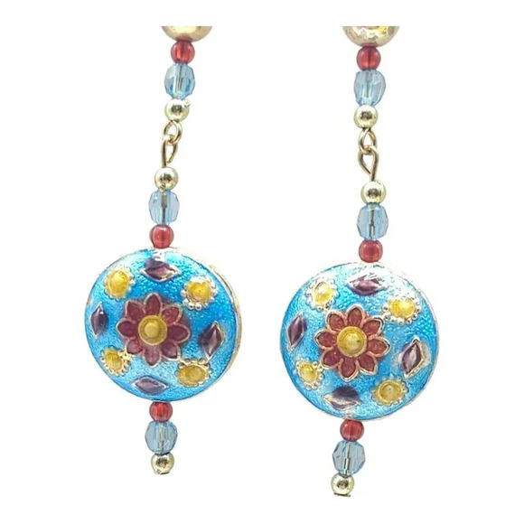 Flower Multi-Color Cloisonne Hand Painted Glass Bead Beaded Dangle Earrings - Picture 2 of 4